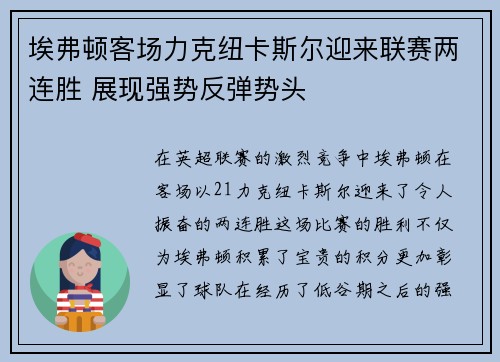 埃弗顿客场力克纽卡斯尔迎来联赛两连胜 展现强势反弹势头