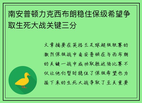 南安普顿力克西布朗稳住保级希望争取生死大战关键三分