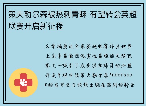 策夫勒尔森被热刺青睐 有望转会英超联赛开启新征程