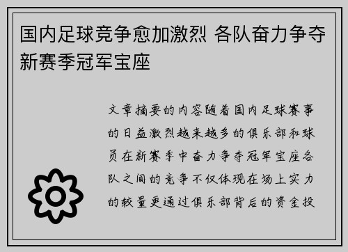 国内足球竞争愈加激烈 各队奋力争夺新赛季冠军宝座