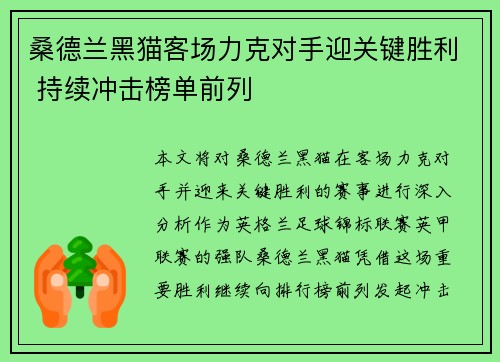 桑德兰黑猫客场力克对手迎关键胜利 持续冲击榜单前列