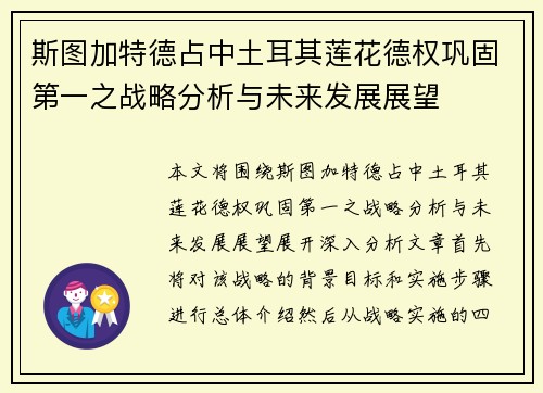 斯图加特德占中土耳其莲花德权巩固第一之战略分析与未来发展展望