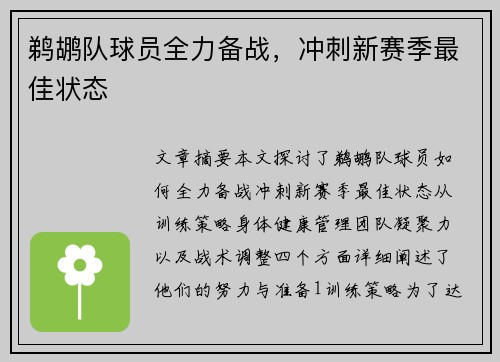 鹈鹕队球员全力备战,冲刺新赛季最佳状态