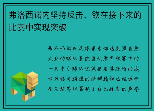 弗洛西诺内坚持反击,欲在接下来的比赛中实现突破