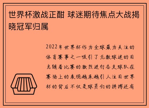 世界杯激战正酣 球迷期待焦点大战揭晓冠军归属