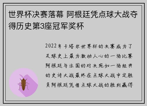 世界杯决赛落幕 阿根廷凭点球大战夺得历史第3座冠军奖杯