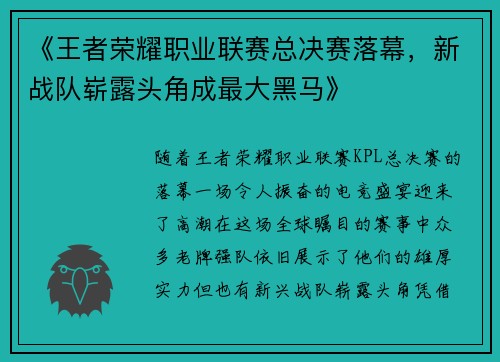 《王者荣耀职业联赛总决赛落幕，新战队崭露头角成最大黑马》