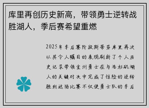 库里再创历史新高,带领勇士逆转战胜湖人,季后赛希望重燃