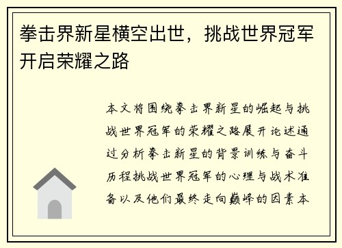 拳击界新星横空出世，挑战世界冠军开启荣耀之路