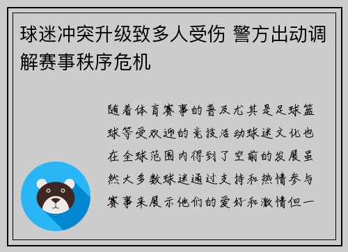 球迷冲突升级致多人受伤 警方出动调解赛事秩序危机